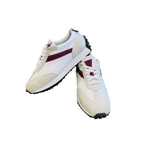 Doucal’s Men’s Retro Sneakers Off-White Nylon Grey Suede Uppers Burgundy Accent
